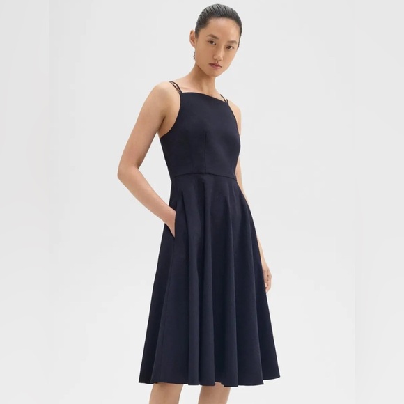 Theory Square Neck Good Linen Midi Dress Strappy Square Neck Navy Blue Size 2 - Picture 2 of 12